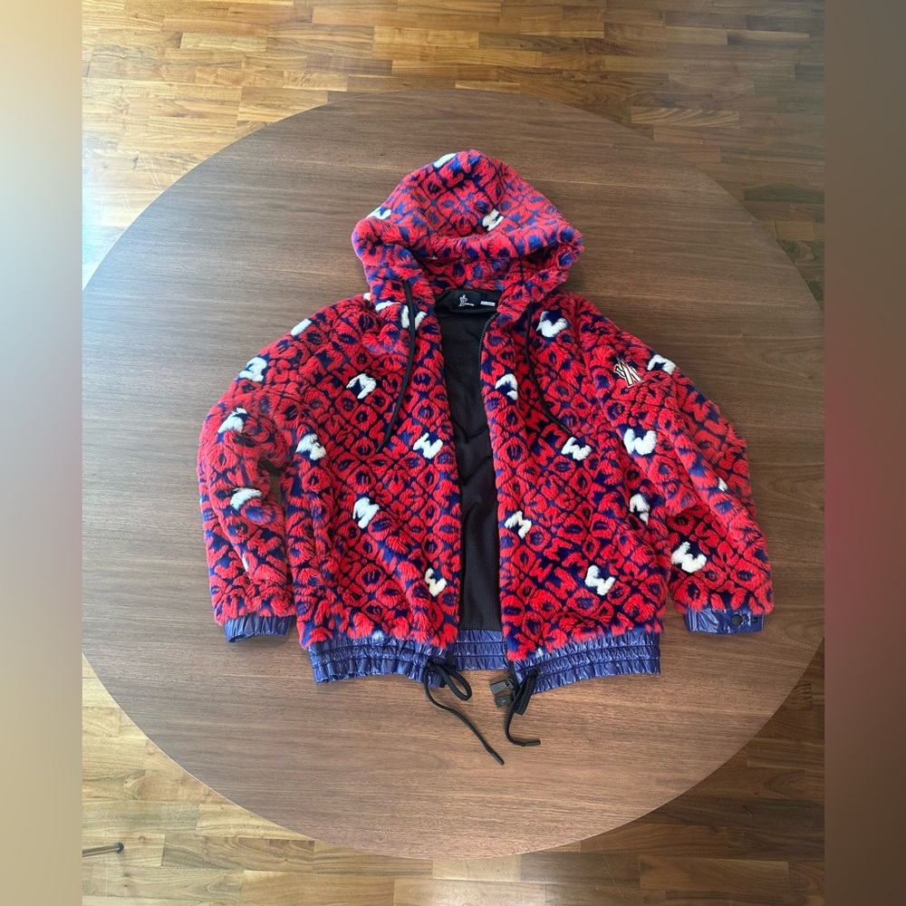 Moncler Monogram Graphic Print Faux Fur Jacket w/ Tags, sz M